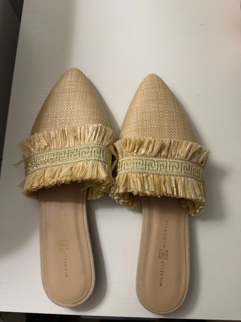 Michelle McDowell Natural Beige Raffia Pointed-Toe Fringe Mules